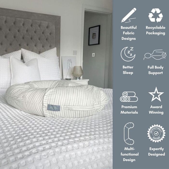 Подушка для вагітних BellaMoon 3-в-1 – підтримка всього тіла, C-подібна форма, для сну, годування та як ліжко для малюка, знімний бавовняний чохол (Waterleaves)