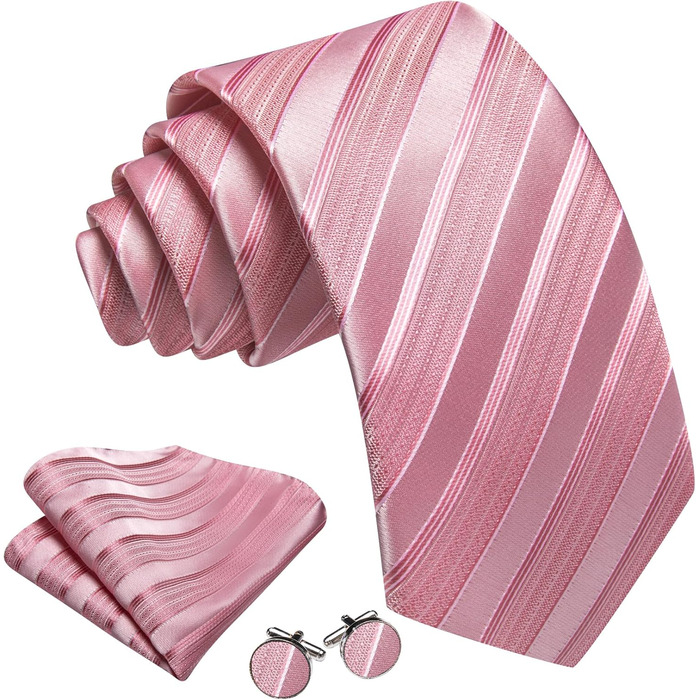 Краватка з хустинкою та запонками Barry.Wang для ділового стилю, набір у смужку та клітинку, для свят та весілля (рожеві смуги)
