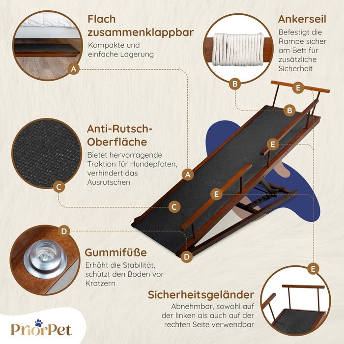 Сходинки для собак PRIORPET з натурального березового дерева з поручнями - регульована висота до 94.5 см - складаються - антиковзні ручки - для собак до 23 кг - колір Walnut