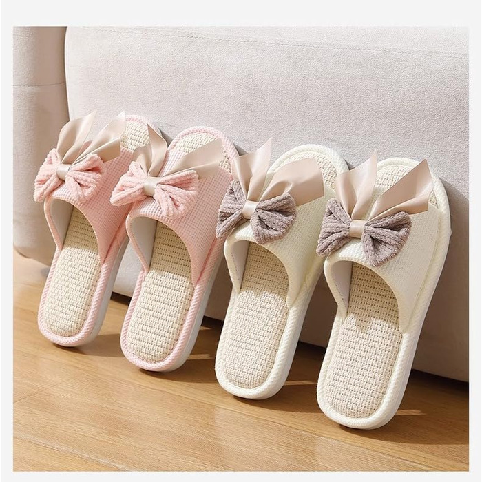 Тапочки жіночі домашні з льону, дихаючі, антиковзкі, з бантиком, м'які, відкриті, для дому, рожеві, 40/41 EU