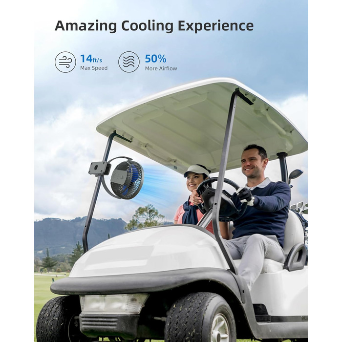 Вентилятор Koonie 10000 mAh з кліпсою, 20 см, портативний USB, акумуляторний, 4 швидкості, 360° оберт, тихий, для дому, офісу, дитячої коляски, кемпінгу, гроу-тента (блакитний)