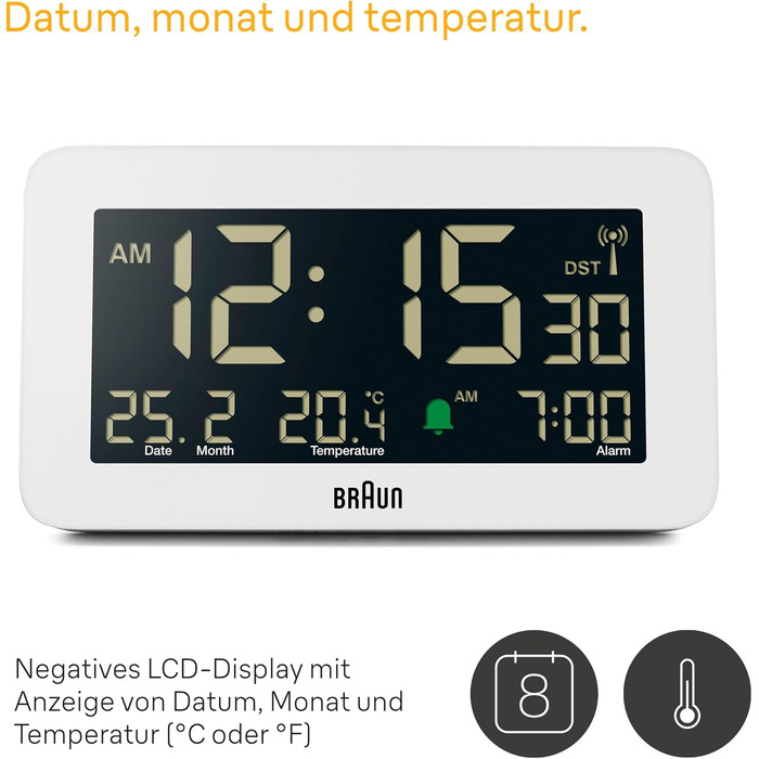 Braun Funk-Digitalwecker for the Central European Time Zone (DCF) with date, month, and temperature display, negative LCD display, and white alarm tone, Model BC10W-DCF.