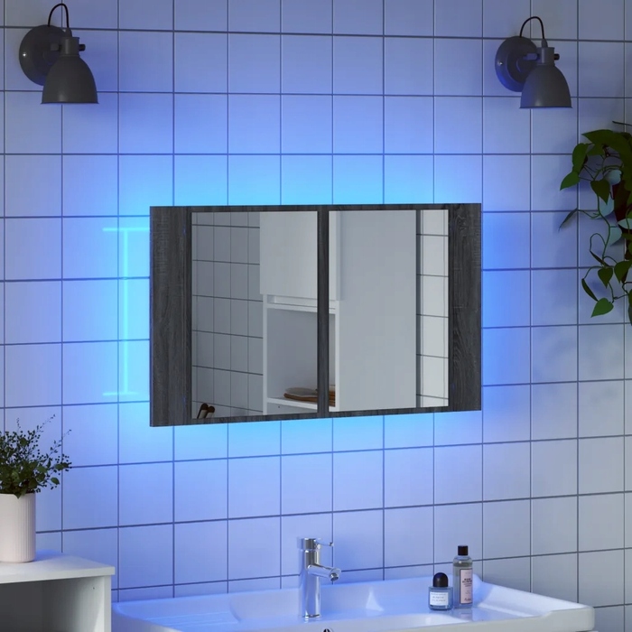 Шафа у ванну кімнату з дзеркалом та RGB LED-підсвіткою, дуб сонома сірий, 80 см