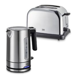 Набір для сніданку KHG: чайник та тостер, нержавіюча сталь, сріблястий, об'єм 1 л, 2 слоти, точний вилив, поворотний на 360°, 6 рівнів підсмажування, функції підігріву, розморожування та для багелів, з підспівачем для крихт