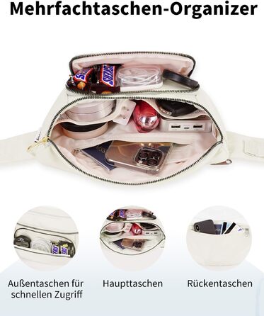 Сумка на пояс для жінок та чоловіків, стильна поясна сумка з 4 кишенями на блискавці та регульованим ремінцем, ідеальна для подорожей та піших прогулянок (Запатентовано), бежевий колір