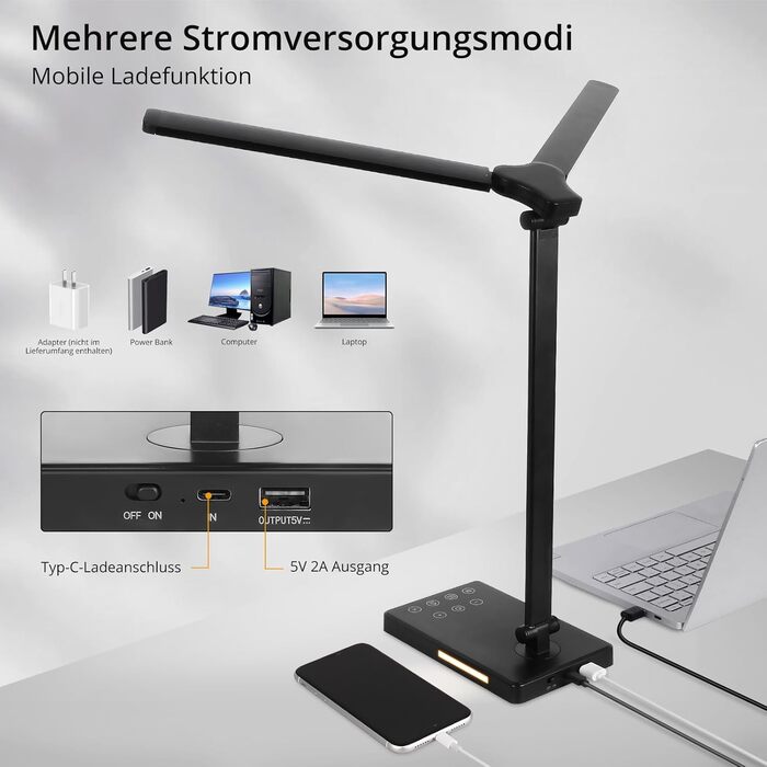 iVict LED лампа для столу з регульованими Swing Arms, 5 режимів, сенсорне керування, таймер, USB-порт, пам'ять, для дітей, білий колір