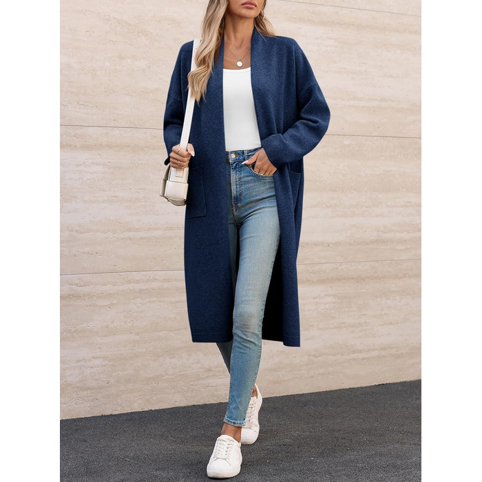 Жіноча в'язана жилетка Fisoew, довгий кардиган, великий розмір XL, відкритий фасон, з кишенями (темно-синій)