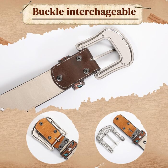 Жіночий шкіряний ремінь XZQTIVE Vintage у стилі вестерн з гравіюванням для джинсів, штанів, суконь. Колір: темно-коричневий, синій (бірюзовий діамант). Довжина: 100 см, підходить для об'єму талії 68-80 см