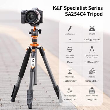 Штатив для камери K&F Concept 156см з вуглецевого волокна, компактний, знімний монопод, кульковий голівкою 360°, вантажопідйомність 15кг, A255C2+BH-36L