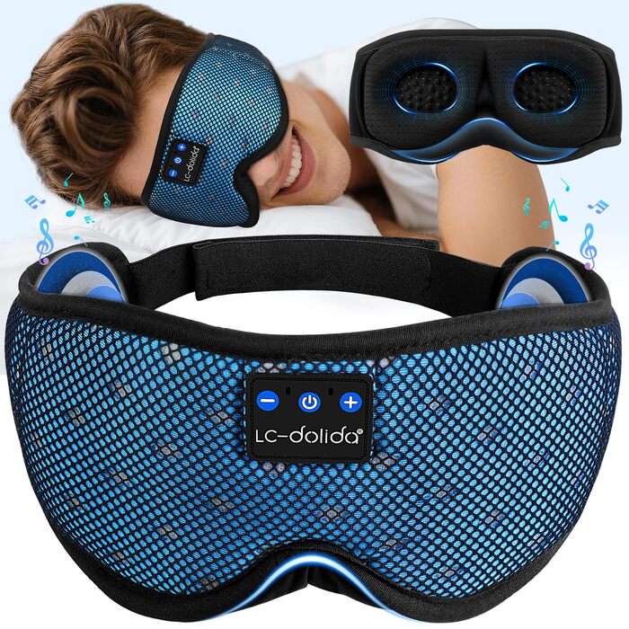 Маска для сну з Bluetooth навушниками Dolida V5.4, м'яка 3D, для сну, подорожей, йоги, медитації (блакитна)