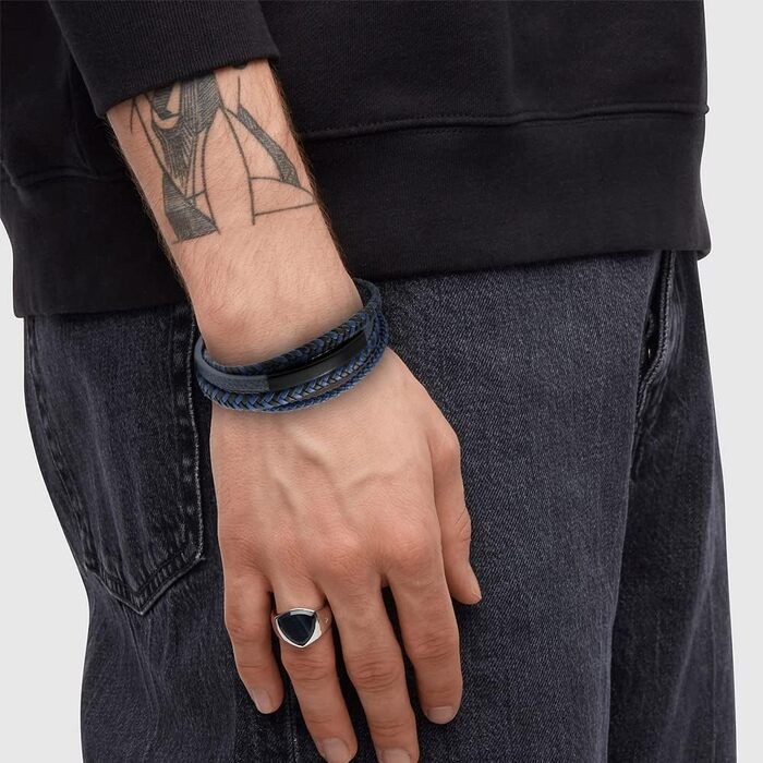 Чоловічий шкіряний браслет Lederarmband з нержавіючої сталі: плетіння, магнітний замок, гравіювання (синій, коричневий, чорний) 21 см