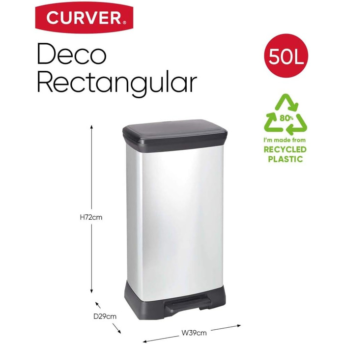 Сміттєвий відер Curver Deco Bin 50Л для кухні з педаллю, системою Soft-Close, герметичним кришкою та антивідбитковим покриттям, сріблясто-чорний (металевий ефект)