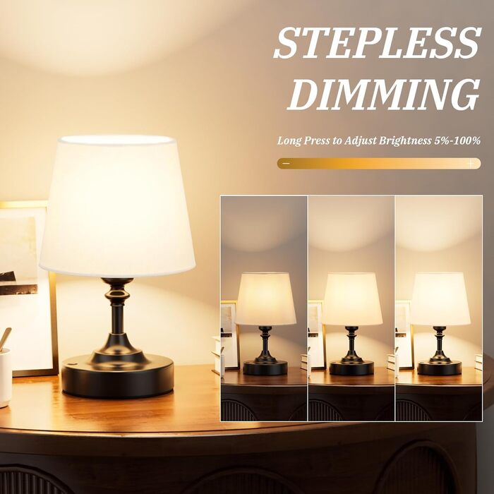 LED настільна лампа бездротова з торшером з льону, сенсорне керування, регулювання яскравості, білий колір, USB-C, для спальні, вітальні, кухні, декор (латунь), 40см, 24см