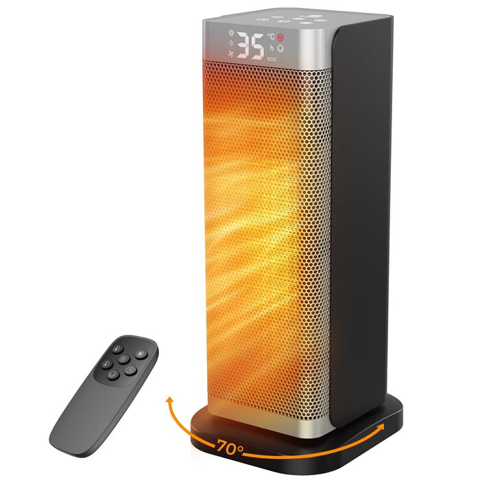 Керамічний обігрівач Fitabok 2000W з дистанційним керуванням, PTC-нагрівачем, таймером на 12г, ECO-режимом та поворотом 70°, сріблястий