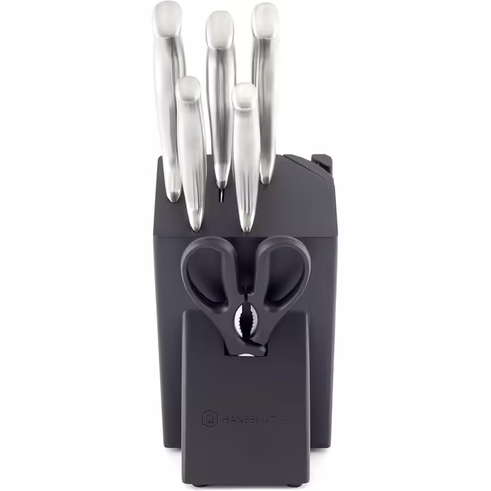 Hanseküche Knife Block - 7-Piece Knife Set with Integrated Sharpener - Knife Holder with Knives - Kitchen Knife Set Chef's Knife, Knife Set with Block, Black Knives