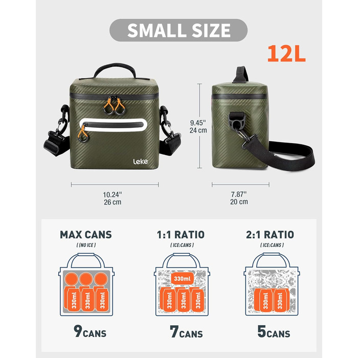 Ізольована сумка-холодильник Lekesky 12/20L - міцна, водонепроникна, для пікніків, кемпінгу, пляжу, грилів (B-military green, 12L)
