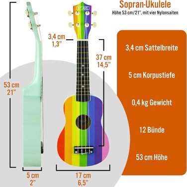 Укулеле 3rd Avenue Sopran 54 см (21 дюйм) – Початковий набір, сумка, підставка, ремінь, струни, медіатори та наклейки на гриф – Натуральний колір. Безкоштовні онлайн-уроки для початківців. Комплект включає інструмент та кольорові наклейки на гриф.
