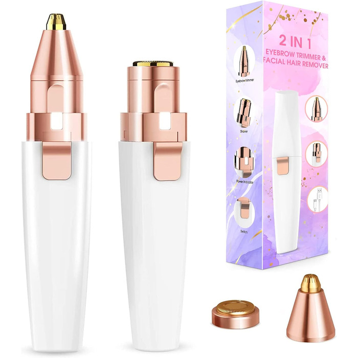 Електричний тример для брів та обличчя 2-в-1 з LED-підсвічуванням для жінок, безболісне видалення волосся, для брів, губ, підборіддя, білий