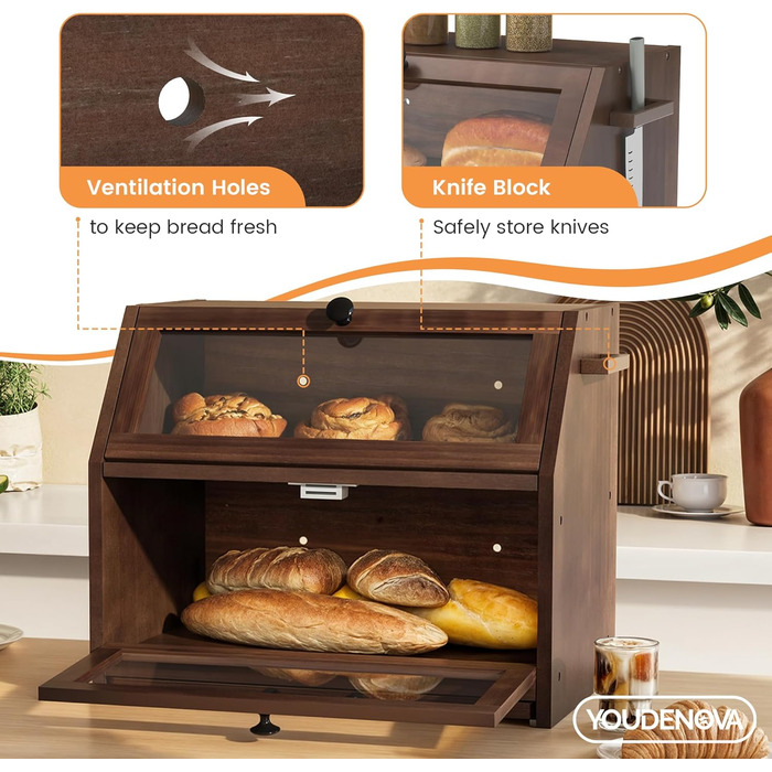 YOUDENOVA Бак для хліба з бамбука Eco, з дощечкою для нарізання, 39x26x32,5 см, коричневий