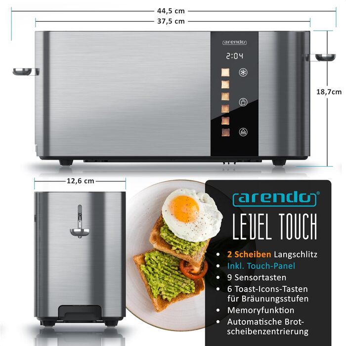 Тостер Arendo з нержавіючої сталі, 2 відділення, довгий проріз, сенсорний екран, подвійні стінки, насадка для бургерів, 6 рівнів підсмажування, центрування хліба, індикатор часу, функція пам'яті, чорний (C: Steelsilver)