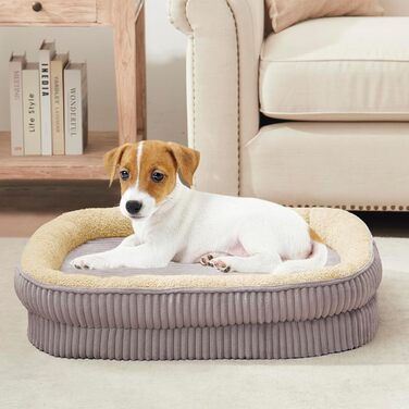 Ортопедичне ліжко для собак та котів, малі породи, овальне, з високою щільністю піни, з підголовником, знімний чохол, сірий (M 24x20x5.5)