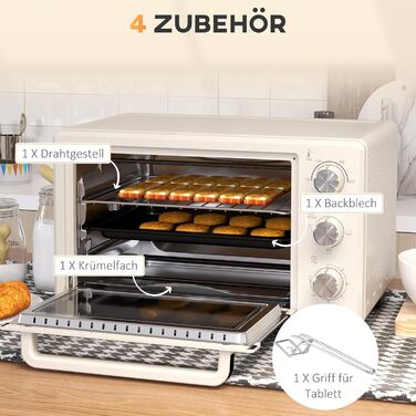 Міні-піч HOMCOM 21 л, 1400 Вт, 100-230°C, таймер, крихтосховище, деко, решітка-гриль, вікно, для піци, кремово-білий