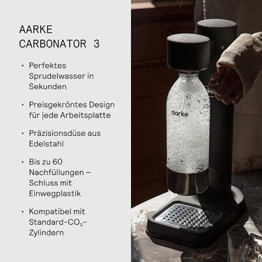 Aarke Carbonator 3 - Содовий апарат з нержавіючої сталі матового чорного кольору з 2 пляшками PET 1л без BPA. Для газування води з крана, сумісний з CO2 циліндрами 60л.