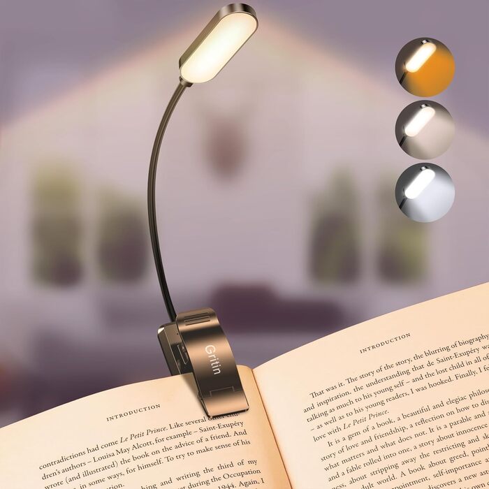 Світлодіодна лампа для читання Gritin з USB-зарядкою, 16 LED, 3 режими температури кольору (білий/бурштиновий/змішаний), регулювання яскравості, гнучкий поворот на 360°, чорна