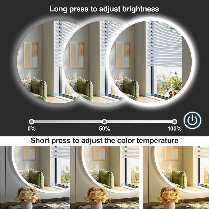 Дзеркало для ванної кімнати з підсвічуванням 80x80 см Fow Halo Simple, LED, сенсорне управління, IP65, пам'ять, 3 кольори, регулювання яскравості, проти запотівання, HD скло