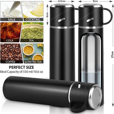 Термос IAGORYUE з нержавіючої сталі, 0,55л, з ізоляцією, витокозахисним кришкою та ручкою, двостінний, зберігає тепло/холод до 12 годин, для спорту, офісу, відпочинку на природі, чорний