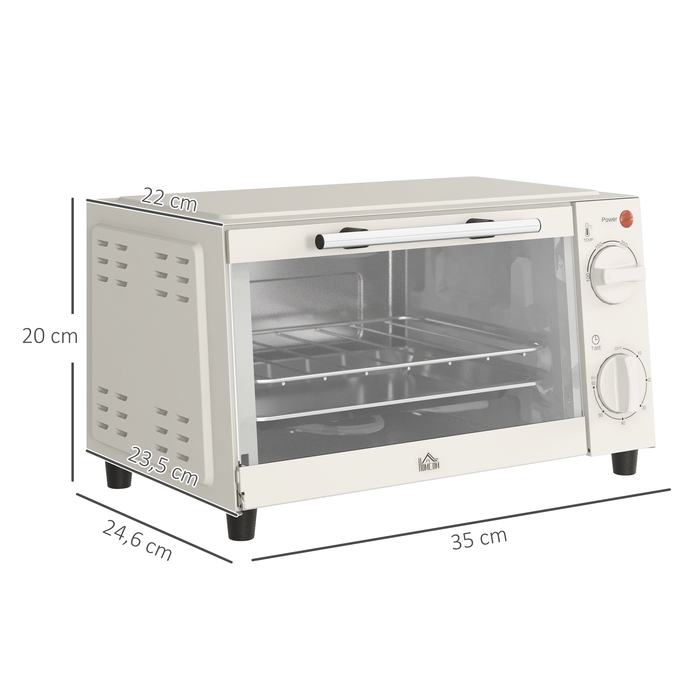 HOMCOM 9L Mini Oven with Baking Tray, Grill Rack, 100°C-230°C, with Adjustable Temperature and Cooking Time, 60 Min. Timer, 750W, Stainless Steel, Cream White | Aosom