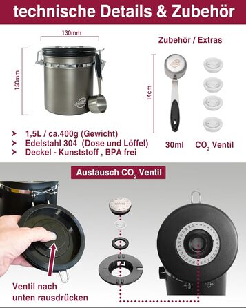 Контейнер для кави 500г з нержавіючої сталі з дозатором та календарем, 1,5L, Gun Metal