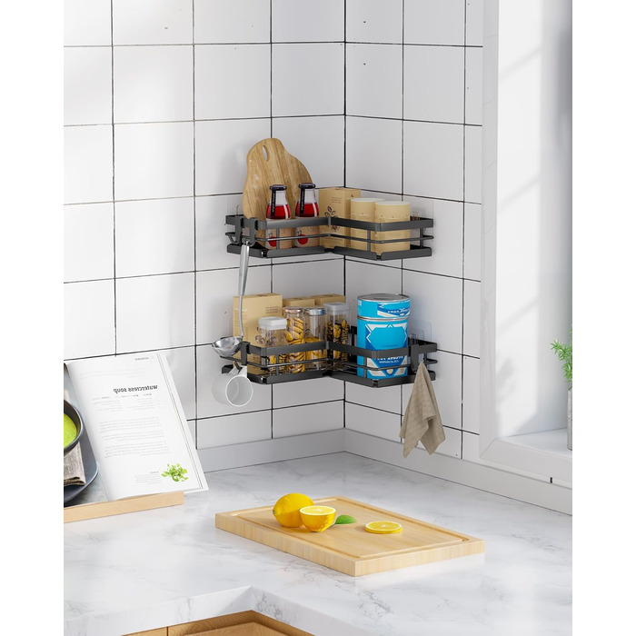 Поличка для душу Kitsure без свердління – 2 шт. Стабільне душове решітка без свердління з швидким стоком, нержавіючою статтю та міцним клейким кріпленням для ванної кімнати, 22,0 x 22,0 x 5,0 см, Чорний