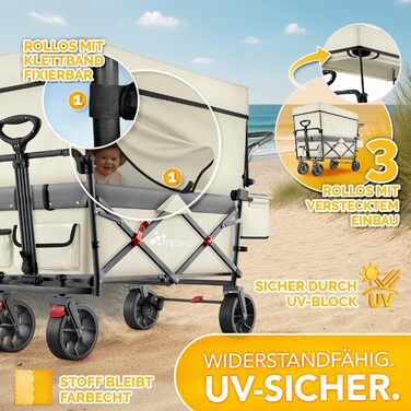 TRESKO® Розкладний вагончик з дахом, кишеньою-холодильником та бічними ролетами | Вагончик для перевезення вантажів до 150 кг | З повного гумового покриття коліс та гальмами (передні та задні) та 3-точковим ременем безпеки (Зелений) (Бежевий)