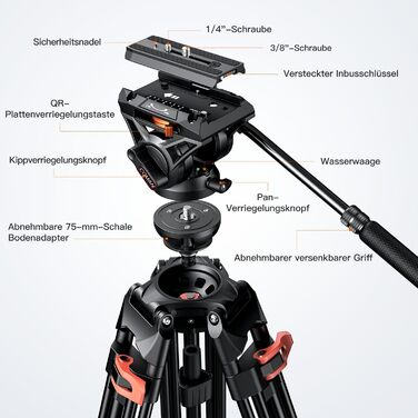 Штатив для камери COMAN 186см з алюмінію, 360° обертання та +/-90° нахил, відео штатив, максимальне навантаження 10кг