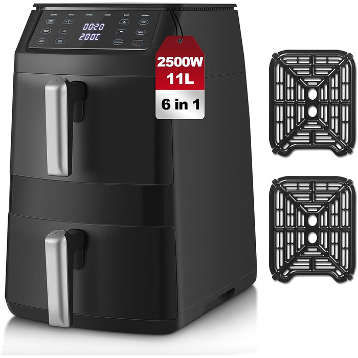 Аерофритюрниця TopStrong Doppelkammer 11л, 2500 Вт, 6 функцій, подвійна камера, з оглядовим вікном, чорна