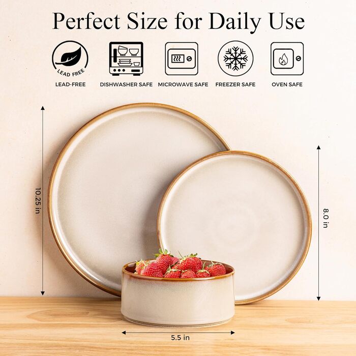 Набір керамічного посуду LERATIO для 4 осіб: тарілки та миски з реактивної глазурі, стійкий до сколів та тріщин, безпечний для миття в посудомийній машині, мікрохвильовій печі та духовці