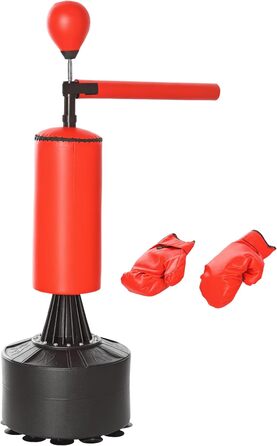 HOMCOM Боксерський мішок-стенд з рефлекс-м'ячем, 360° обертання, присосок, заповнюється піском/водою, стоячий боксерський асистент з рукавичками, насос, боксерський мішок для тренувань 88 x 48 x 155-205 см