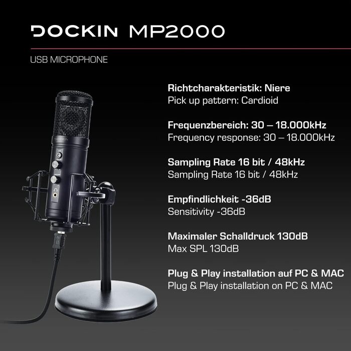 USB мікрофон DOCKIN® MP2000 для ПК, геймінгу, подкастів та стрімінгу - мікрофон з USB для запису звуку з важким штативом. Якість звуку 130dB.