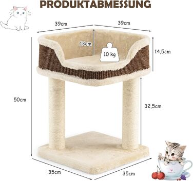 COSTWAY Cat Tree Small, Cat Tree with Large Plush Seat, Wooden Cat Scratching Post, Cat Furniture Climbing Tree, Activity Tree Play Tree, Natural Sisal Tower with Scratching Posts (Beige)