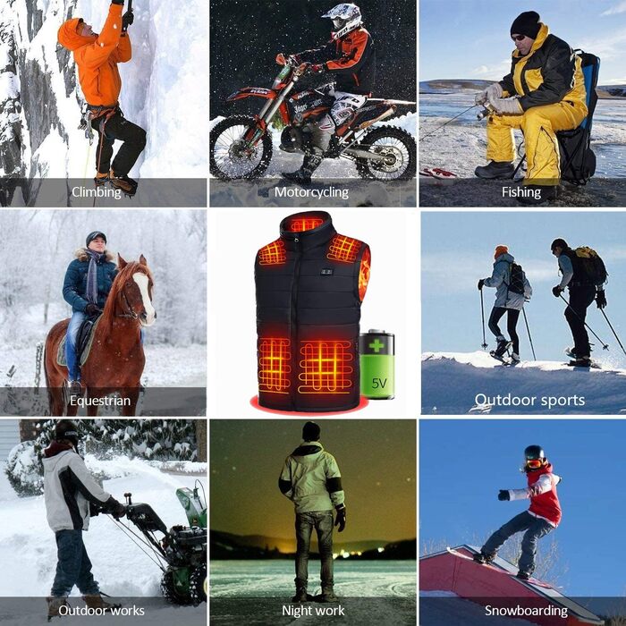 Обогріваючий жилет для чоловіків та жінок з акумулятором, 13 зон обігріву, 3 режими температури, чорний, L