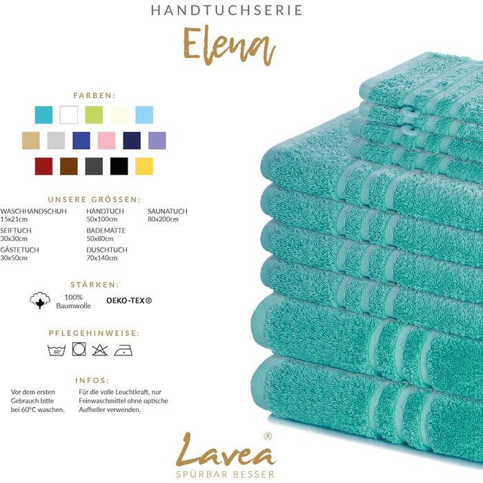Набір махрових рушників Lavea Elena з 100% бавовни, 10 предметів, бірюзовий: 4 рушники для рук, 2 банні рушники, 2 гостьові рушники, 2 рукавички для вмивання