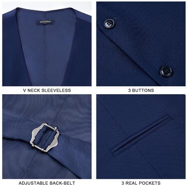Костюмний жилет чоловічий HISDERN, темно-синій, бавовна, однотонний, V-подібний виріз, з кишенями, для вечірки, весілля, бізнесу