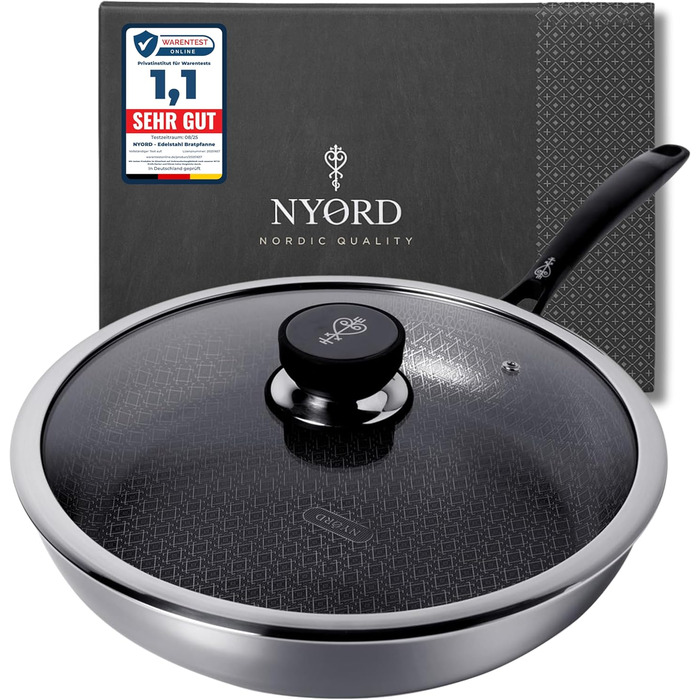 Пан з нержавіючої сталі NYORD - антипригарне покриття, з гранульованою поверхнею, для плити та духовки, з кришкою, 24 см