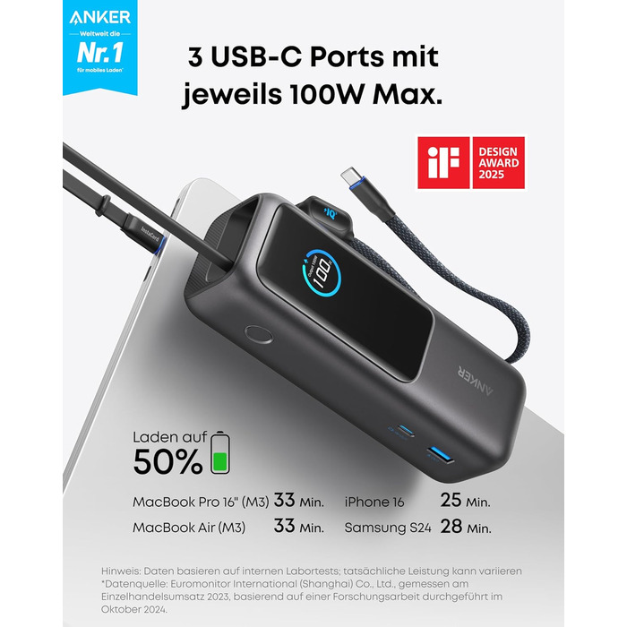 Powerbank Anker 25000mAh 165W з USB-C, 3 порти USB-C (100W), вбудований кабель, для iPhone, MacBook, Samsung та інших пристроїв (Чорний)