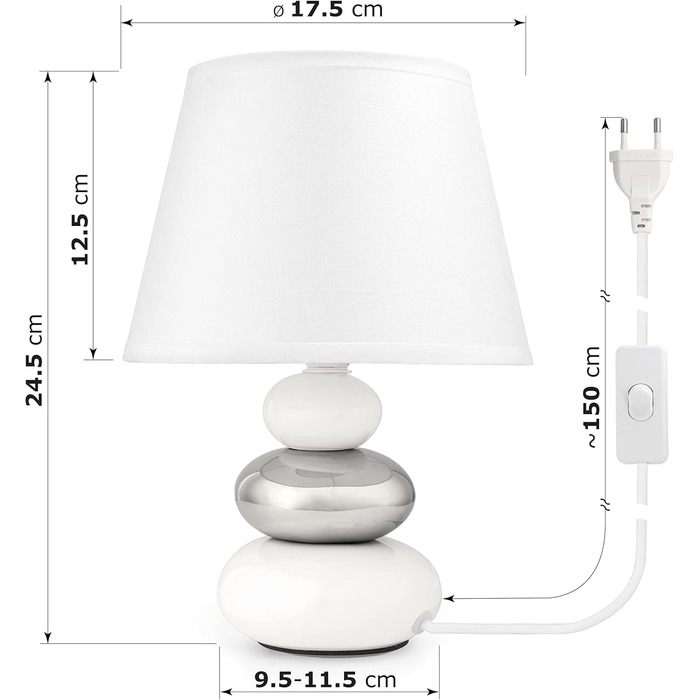 Нічна лампа 'Ліна' - керамічна настільна лампа з абажуром з тканини, сумісна з LED, цоколь E14, 230V, для вікна, дивана, підвіконня (білий/сріблястий)