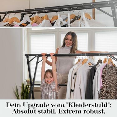 Clothes Rack / Laundry Rack + Bag Moritz [Extendable 1.30-2.0m, foldable, very stable stainless steel] Clothes Rail, Coat Rack, Entrance Hall Wardrobe, Open Wardrobe (Black, with hooks / with bag / with wheels)