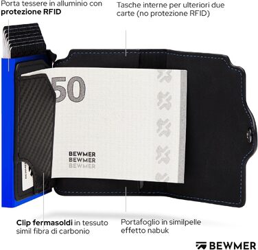 Картхолдер BEWMER 1 RFID захист, шкіряний гаманець для чоловіків та жінок, кліпса з карбону, чорний електросвітло-синій