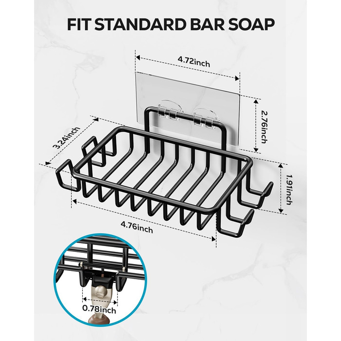 Тримач для мила з нержавіючої сталі з 4 гачками та зливом, самоклеючий, для душу та ванної кімнати (Чорний)
