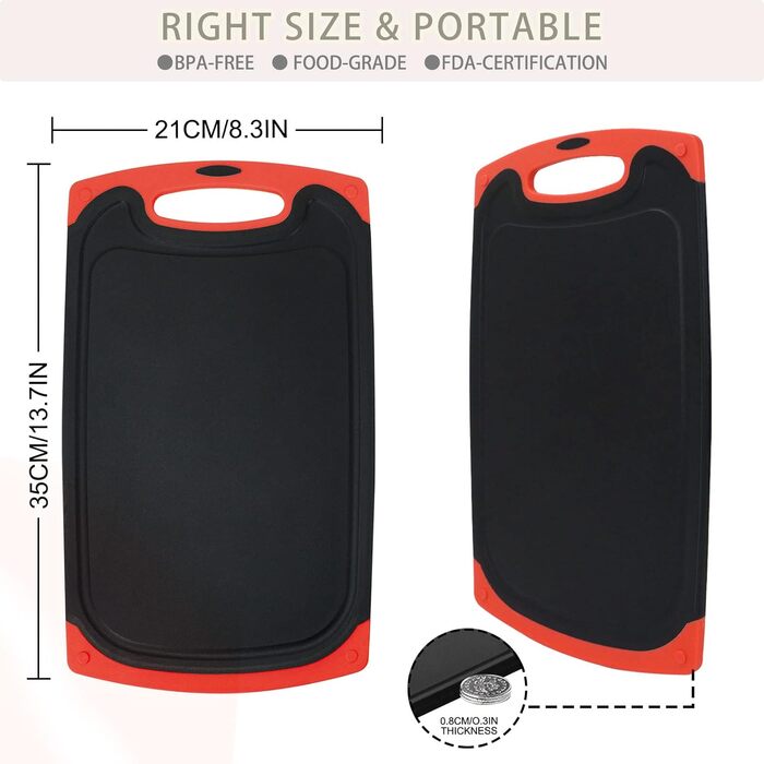 Набір обробних дощок 3 шт. | Чорний пластик з жолобками для соку та неслизькими ручками | Великі антибактеріальні дошки для кухні | BPA-Free для фруктів/овочів/м'яса (червоний+зелений+жовтий)